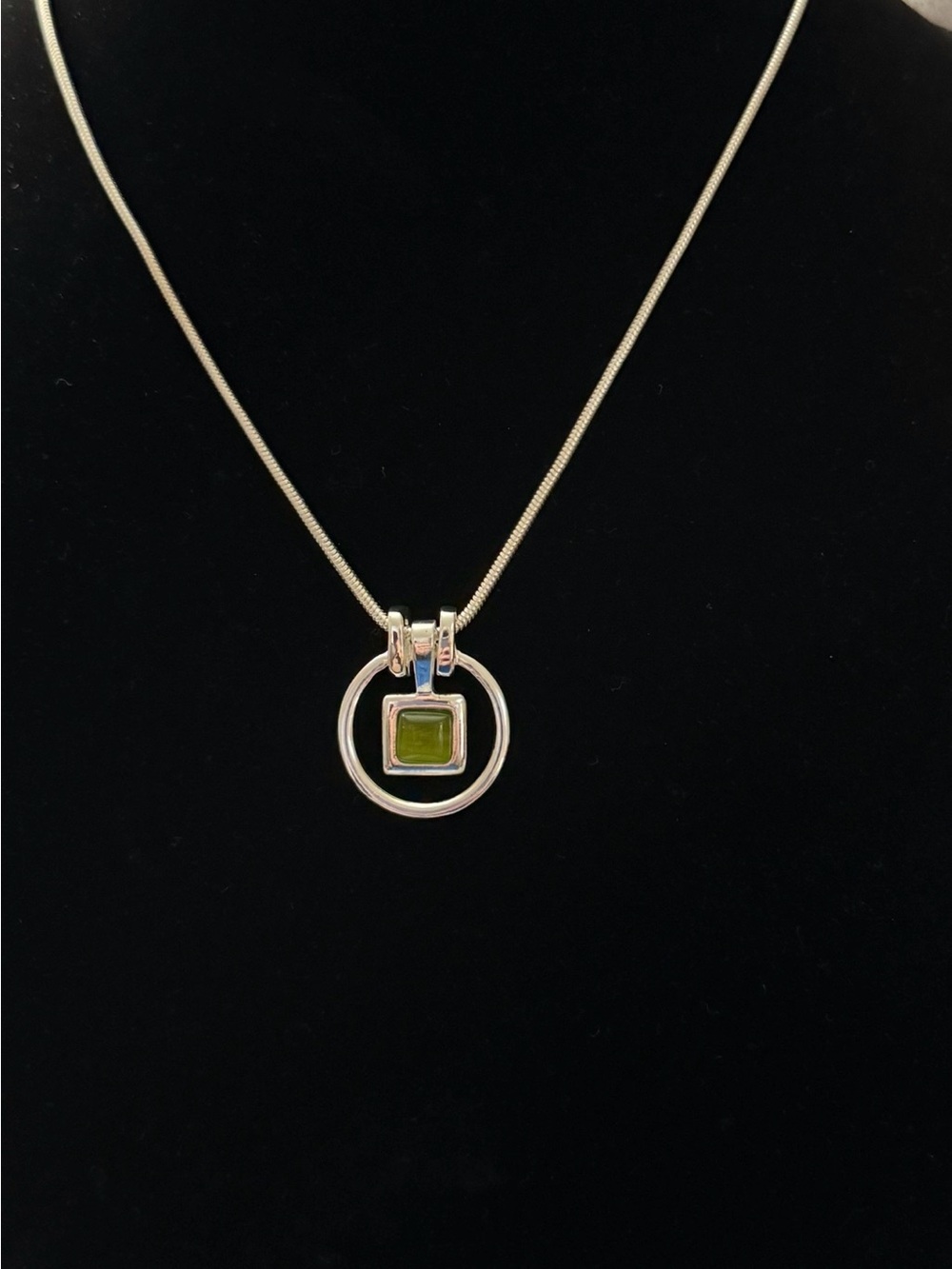Sterling Silver-Tone Green Square Stone Circle Pendant Necklace
